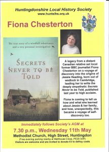 Society AGM followed by a talk by Fiona Chesterton: 'Secrets Never to be Told' @ Methodist Church, Huntingdon
